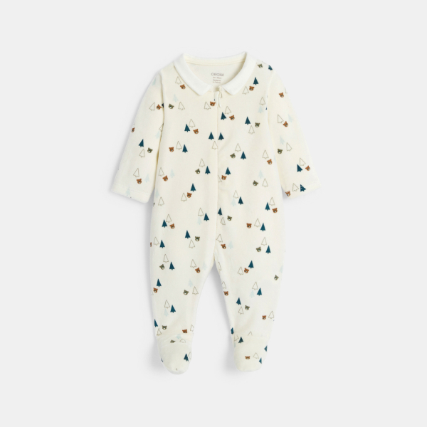 بدلة نوم مخملية بسحّاب، بيضاء ومُزيَّنة برسمة دب، للفتيان الرُضع